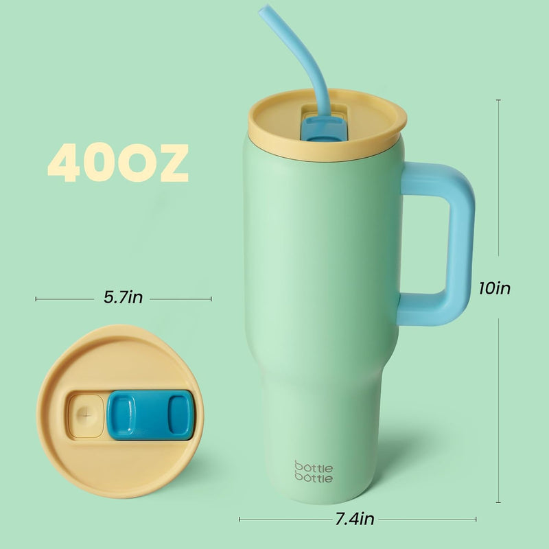 BOTTLE BOTTLE Tasse isotherme 1200 ml, Mug avec paille et poignée, Tasse avec paille sous vide en acier inoxydable pour cadeaux, fêtes, bureau, Café (Vert Menthe)