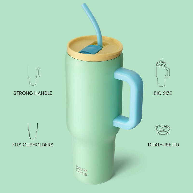 BOTTLE BOTTLE Tasse isotherme 1200 ml, Mug avec paille et poignée, Tasse avec paille sous vide en acier inoxydable pour cadeaux, fêtes, bureau, Café (Vert Menthe)