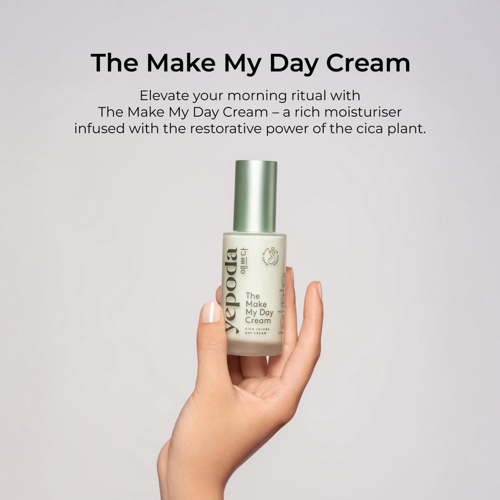 Yepoda The Make My Day Cream, crème de jour hydratante et anti-âge à la cica. Nourrissante, végane et adaptée à tous types de peau. Pour une peau radieuse. 50ml