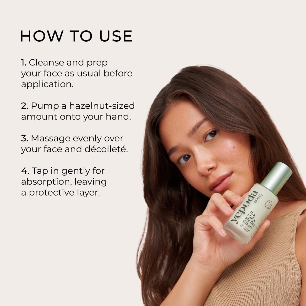 Yepoda The Make My Day Cream, crème de jour hydratante et anti-âge à la cica. Nourrissante, végane et adaptée à tous types de peau. Pour une peau radieuse. 50ml