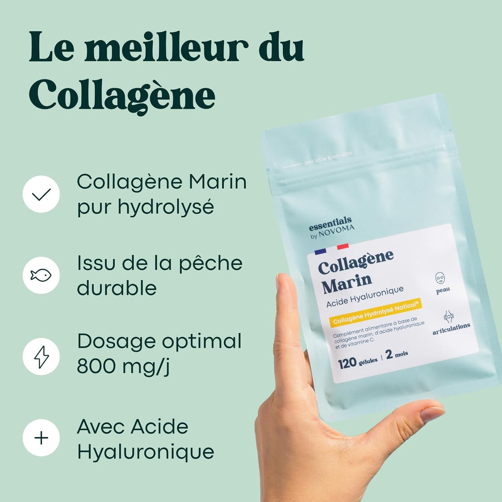 Collagène Marin + Acide Hyaluronique, Peau Hydratée et Articulations Fortes, Cure de 2 mois, 120 Gélules, Collagene Hydrolysé Type 1 Naticol®, Avec Vitamine C, Fabriqué en France, by Novoma
