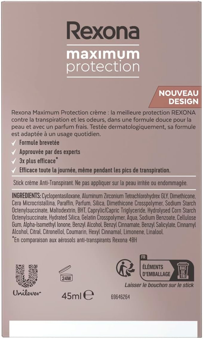 REXONA - Déodorant Femme Clean Scent - Stick Anti-transpirant - 3x plus efficace contre la transpiration - Protection 96h - 45ml