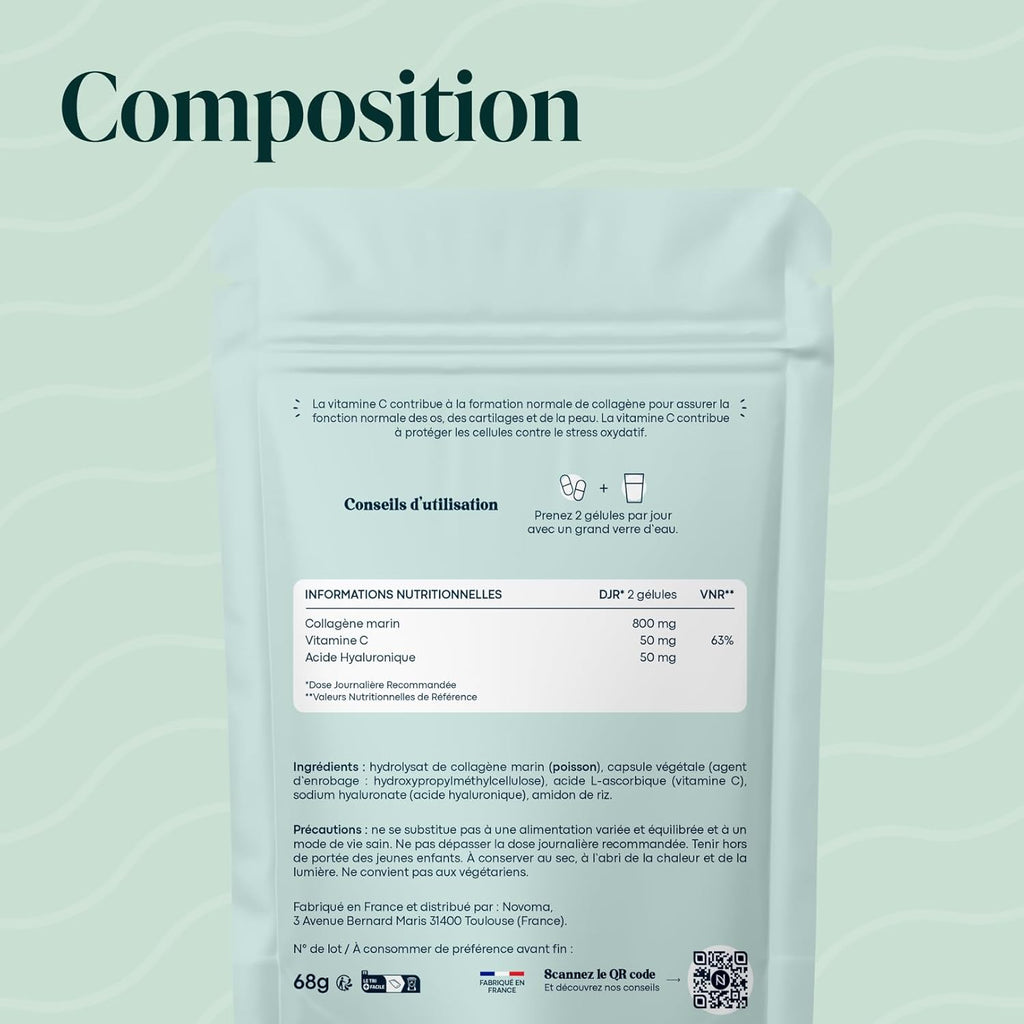 Collagène Marin + Acide Hyaluronique, Peau Hydratée et Articulations Fortes, Cure de 2 mois, 120 Gélules, Collagene Hydrolysé Type 1 Naticol®, Avec Vitamine C, Fabriqué en France, by Novoma