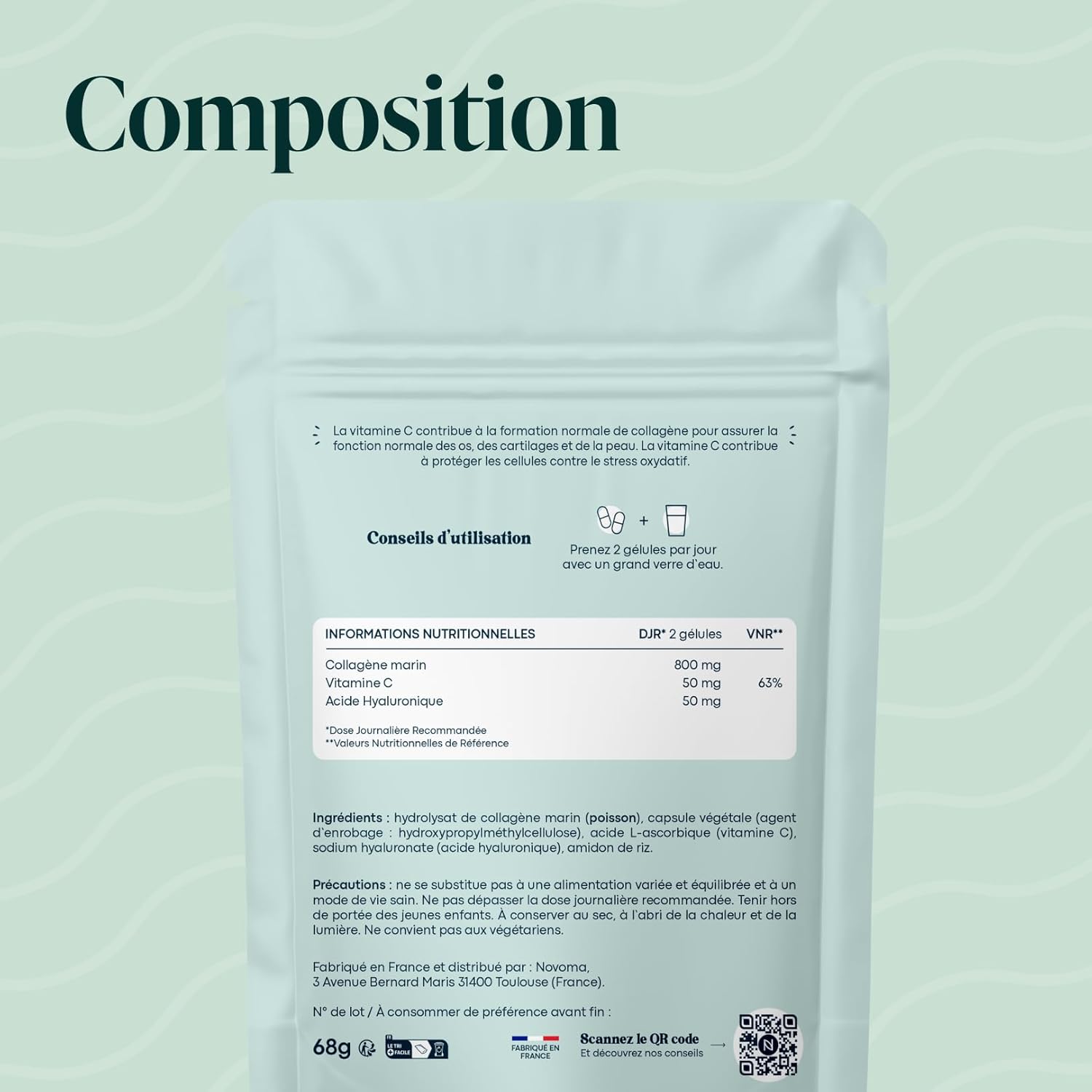 Collagène Marin + Acide Hyaluronique, Peau Hydratée et Articulations Fortes, Cure de 2 mois, 120 Gélules, Collagene Hydrolysé Type 1 Naticol®, Avec Vitamine C, Fabriqué en France, by Novoma