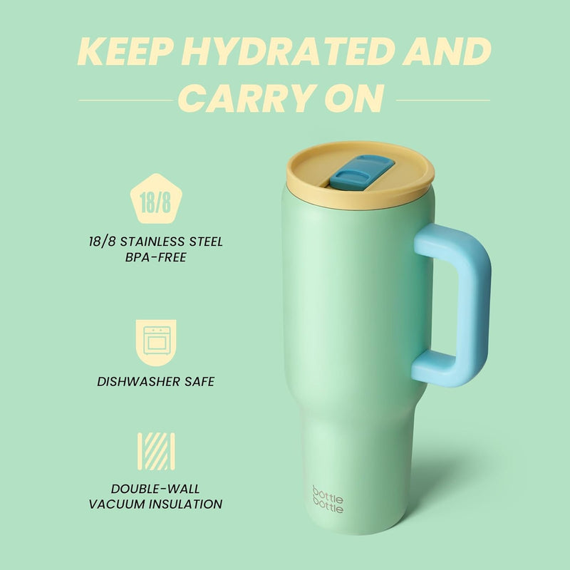 BOTTLE BOTTLE Tasse isotherme 1200 ml, Mug avec paille et poignée, Tasse avec paille sous vide en acier inoxydable pour cadeaux, fêtes, bureau, Café (Vert Menthe)