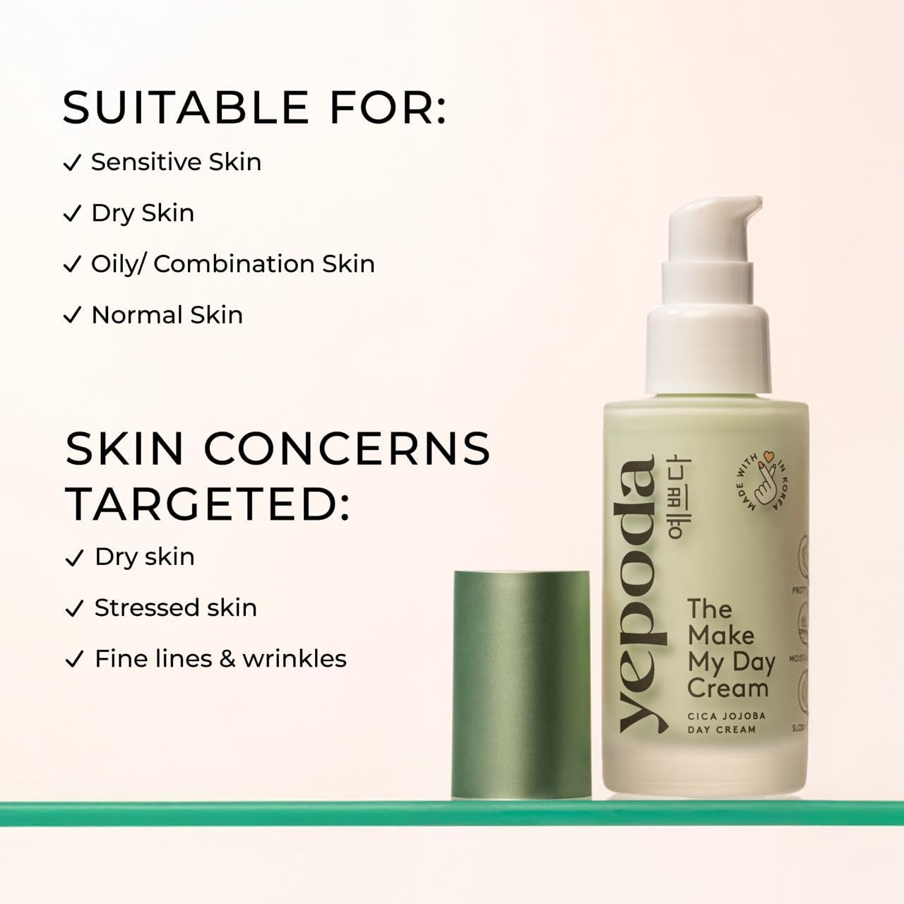 Yepoda The Make My Day Cream, crème de jour hydratante et anti-âge à la cica. Nourrissante, végane et adaptée à tous types de peau. Pour une peau radieuse. 50ml