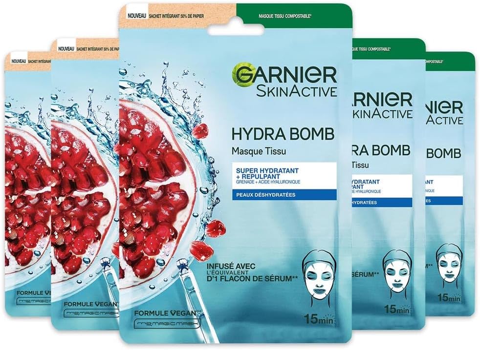 GARNIER Skin Active - Coffret Masques Tissu Hydra Bomb - Hydratant & Repulpant - À Base De Grenade & Acide Hyaluronique - Vegan & Cruelty Free - Tissu Compostable - Peaux Déshydratées - x5