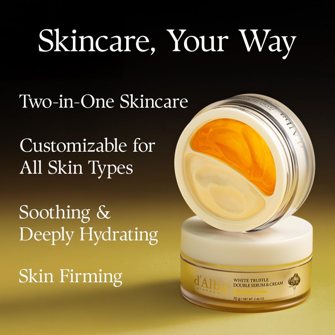 d'Alba Double Sérum et Crème à la Truffe Blanche Italienne, Soin de la Peau Coréen Végétalien, Crème Hydratante Personnalisable 2 en 1 aux Truffes Blanches, Adaptée à Tous les Types de Peau