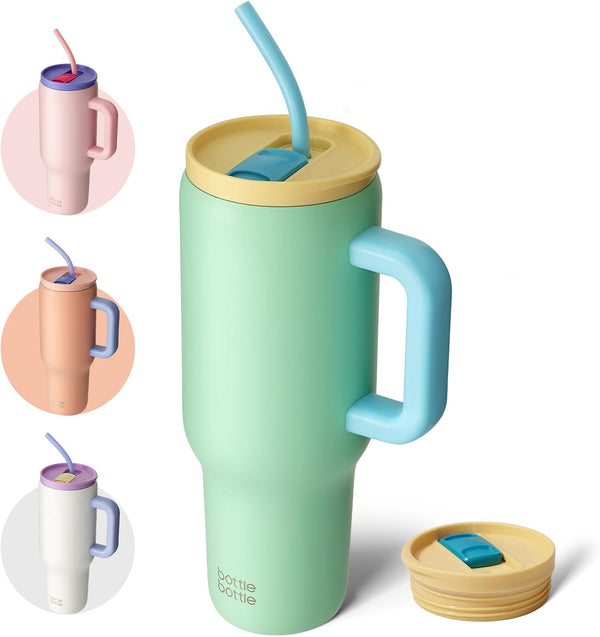 BOTTLE BOTTLE Tasse isotherme 1200 ml, Mug avec paille et poignée, Tasse avec paille sous vide en acier inoxydable pour cadeaux, fêtes, bureau, Café (Vert Menthe)