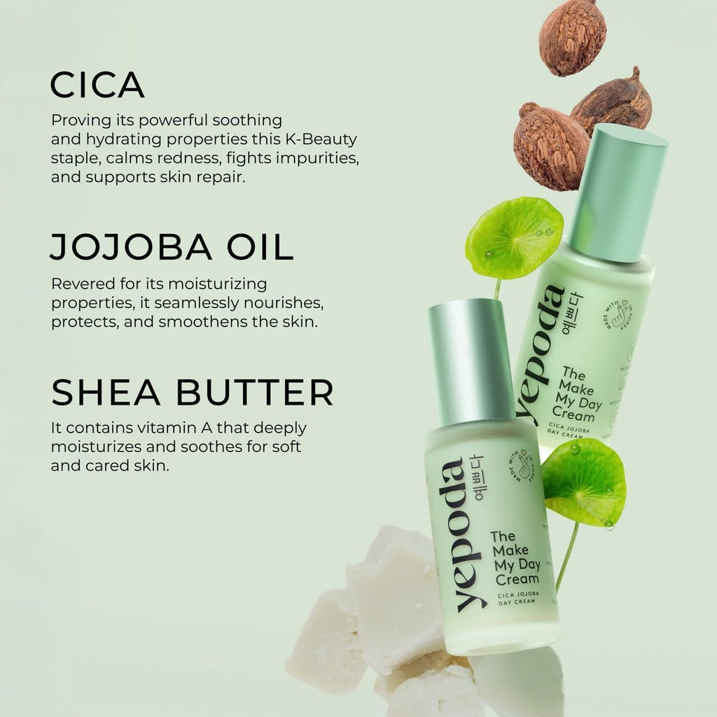 Yepoda The Make My Day Cream, crème de jour hydratante et anti-âge à la cica. Nourrissante, végane et adaptée à tous types de peau. Pour une peau radieuse. 50ml