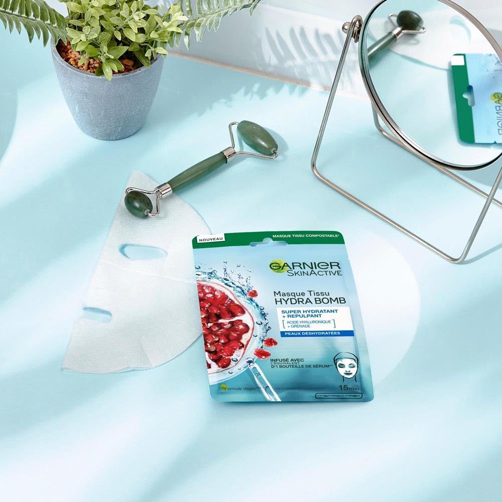 GARNIER Skin Active - Coffret Masques Tissu Hydra Bomb - Hydratant & Repulpant - À Base De Grenade & Acide Hyaluronique - Vegan & Cruelty Free - Tissu Compostable - Peaux Déshydratées - x5