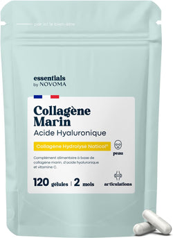Collagène Marin + Acide Hyaluronique, Peau Hydratée et Articulations Fortes, Cure de 2 mois, 120 Gélules, Collagene Hydrolysé Type 1 Naticol®, Avec Vitamine C, Fabriqué en France, by Novoma
