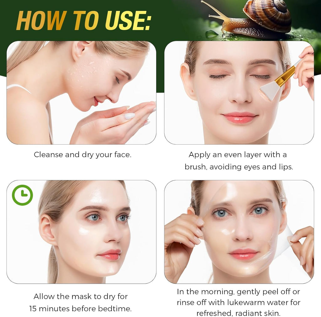 Masque de nuit à la bave d'escargot au collagène pour le visage - Masque de collagène bio - Masque exfoliant pour la peau - Masque facial efficace en profondeur - Pinceau de soin coréen inclus