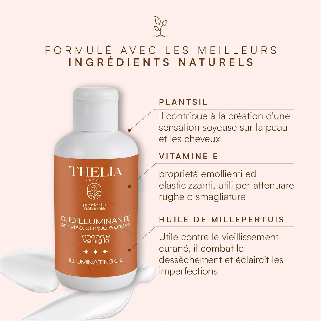 Thélia Beauty | Huile Illuminatrice pour le Visage, le Corps et les Cheveux, Noix de Coco et Vanille, Produit Naturel sans Parabènes, Testé Dermatologiquement, Made in Italy, 100 ml