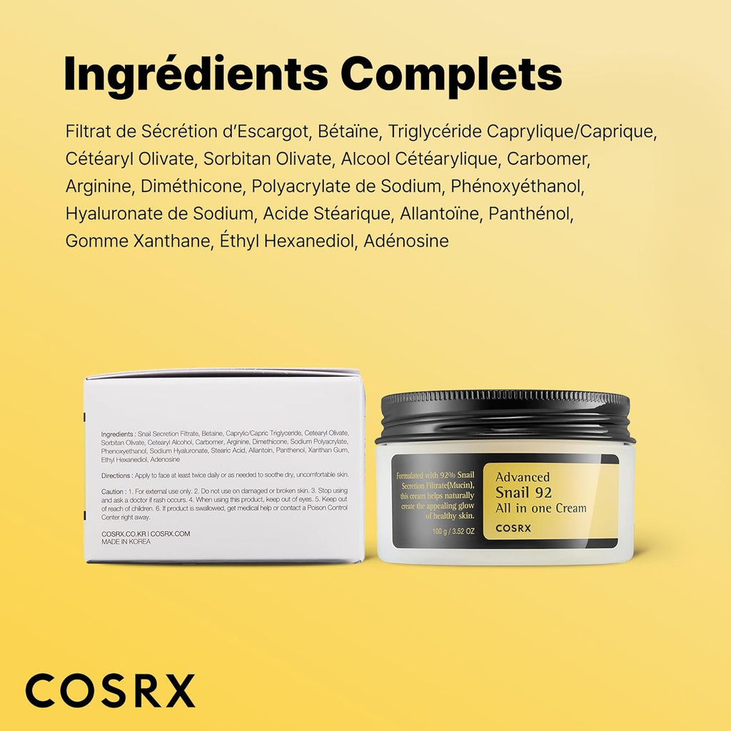 COSRX Advanced Snail 92% All In One Cream 100 ml | Crème Hydratante avec Bave d'Escargot | Pour Anti Rides Peaux d'Acné et Peau Sèche Soins pour le Visage de Jour Femme | Coréen Korean Skincare