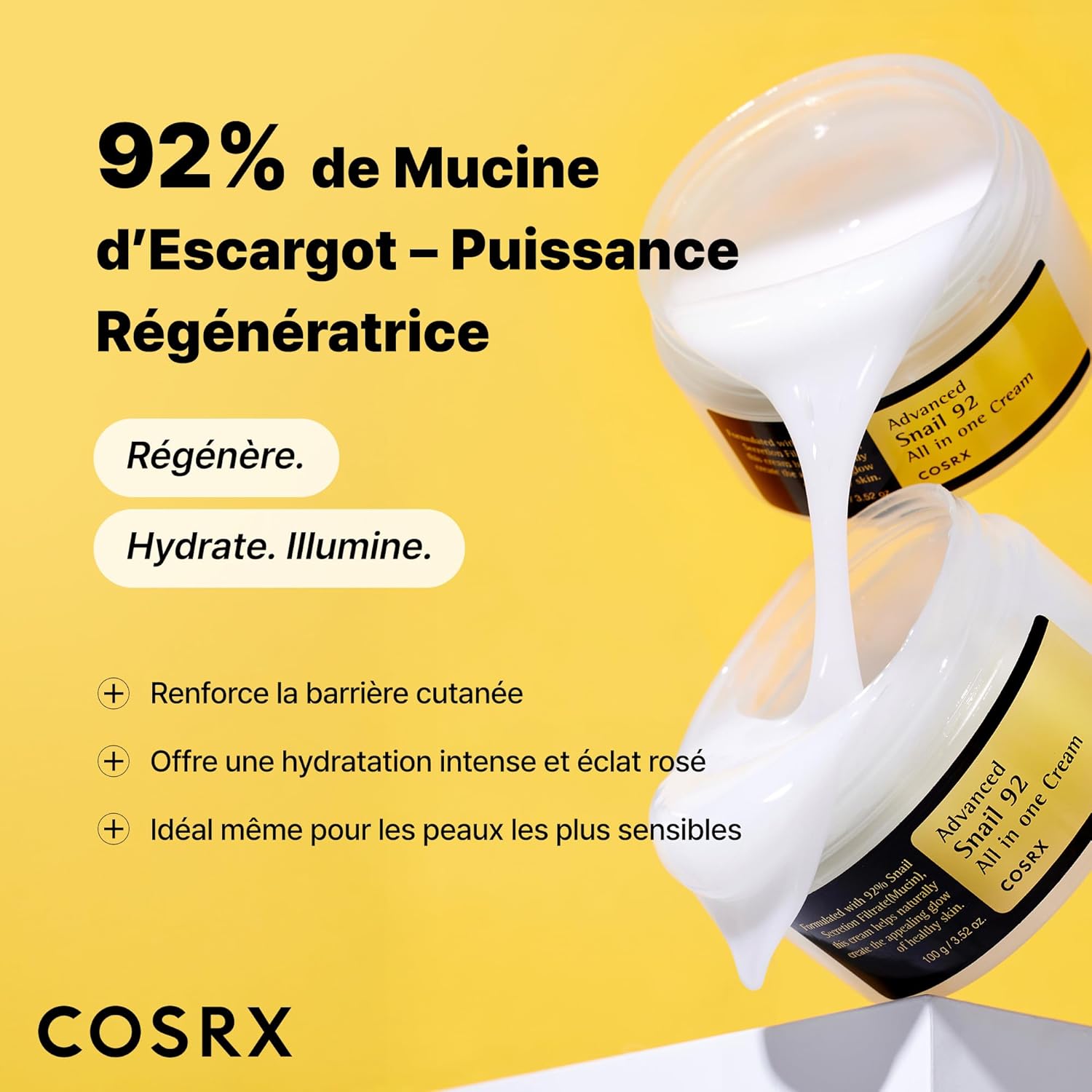 COSRX Advanced Snail 92% All In One Cream 100 ml | Crème Hydratante avec Bave d'Escargot | Pour Anti Rides Peaux d'Acné et Peau Sèche Soins pour le Visage de Jour Femme | Coréen Korean Skincare