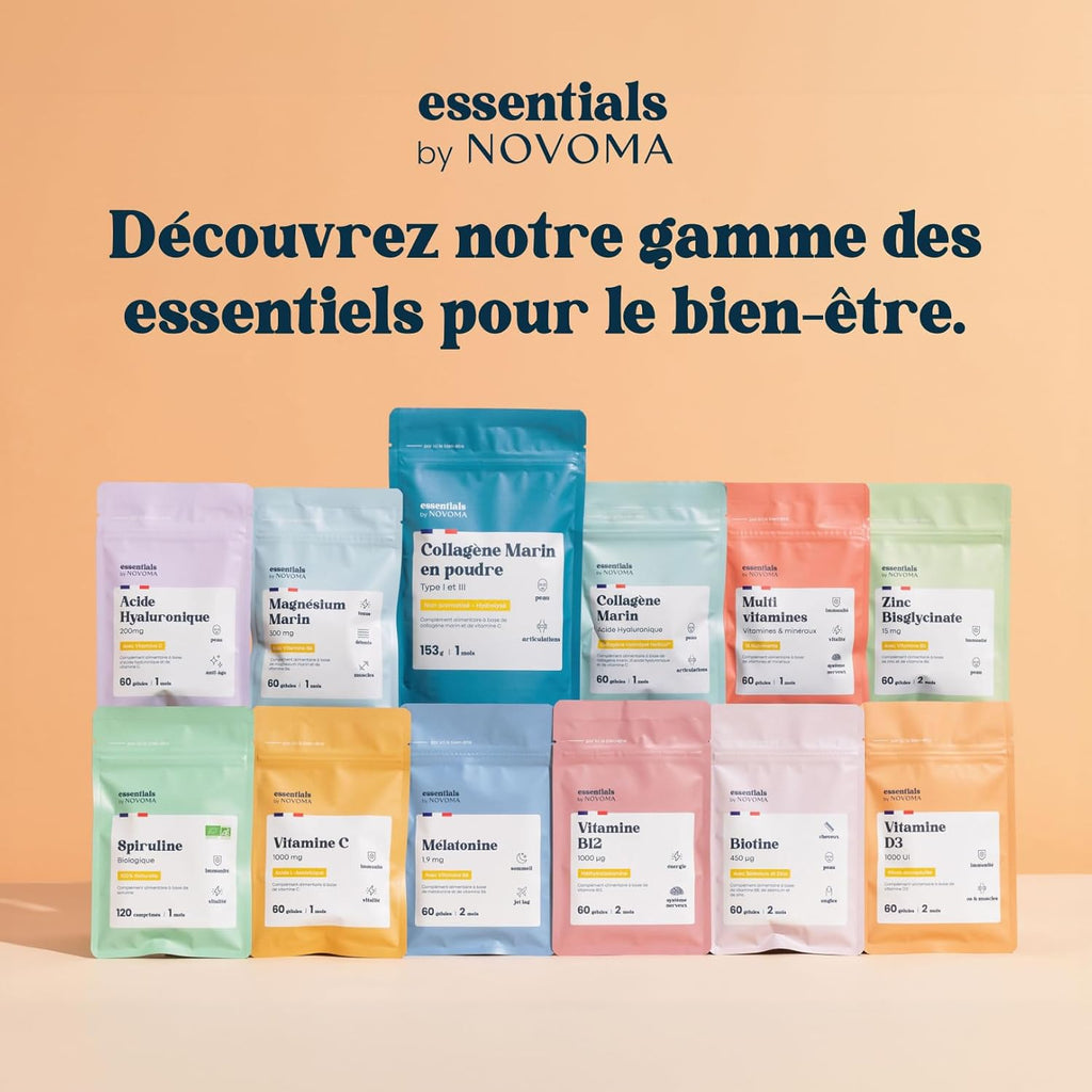 Collagène Marin + Acide Hyaluronique, Peau Hydratée et Articulations Fortes, Cure de 2 mois, 120 Gélules, Collagene Hydrolysé Type 1 Naticol®, Avec Vitamine C, Fabriqué en France, by Novoma