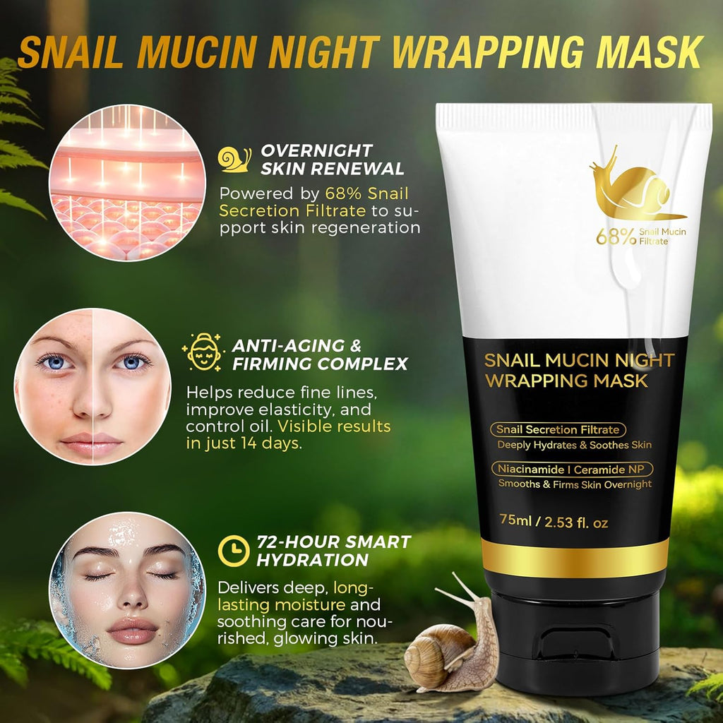 Masque de nuit à la bave d'escargot au collagène pour le visage - Masque de collagène bio - Masque exfoliant pour la peau - Masque facial efficace en profondeur - Pinceau de soin coréen inclus