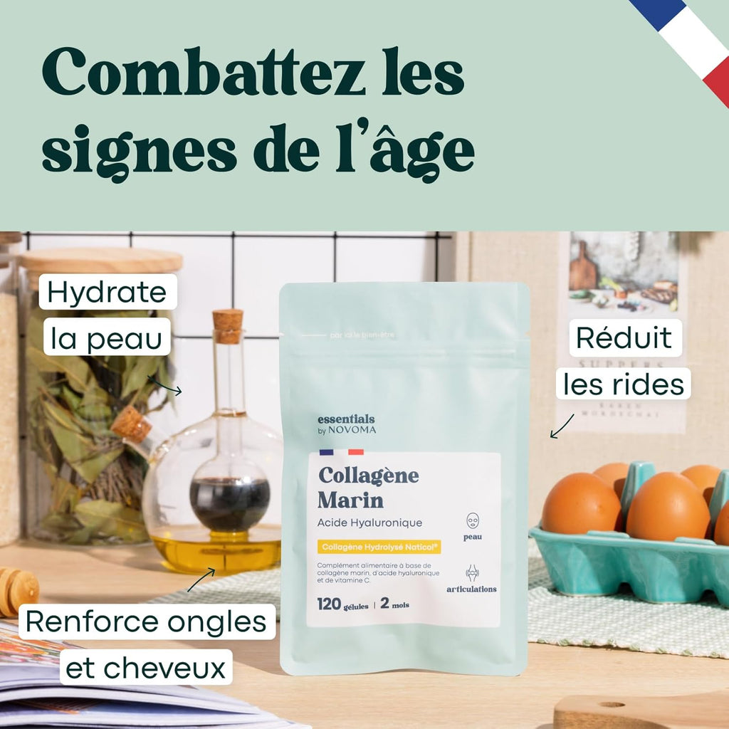 Collagène Marin + Acide Hyaluronique, Peau Hydratée et Articulations Fortes, Cure de 2 mois, 120 Gélules, Collagene Hydrolysé Type 1 Naticol®, Avec Vitamine C, Fabriqué en France, by Novoma