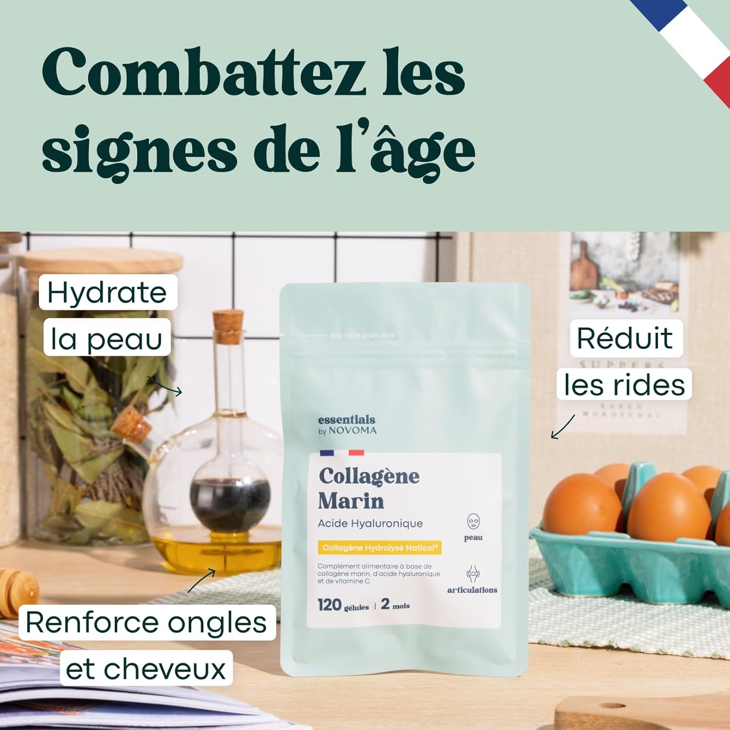 Collagène Marin + Acide Hyaluronique, Peau Hydratée et Articulations Fortes, Cure de 2 mois, 120 Gélules, Collagene Hydrolysé Type 1 Naticol®, Avec Vitamine C, Fabriqué en France, by Novoma