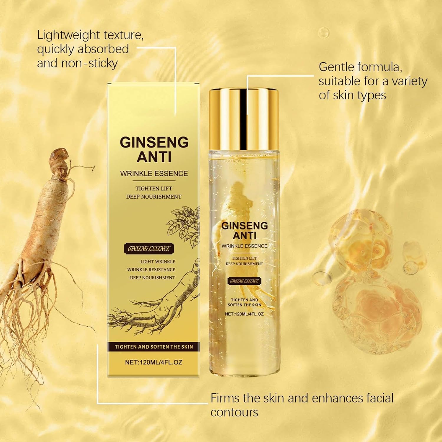 Serum Anti Rides Puissant Immediat, Ginseng Anti Rides Instant Peptide Serum, Soin Coréen Visage Essence Sérum, Produit Coréen Visage Serums, Ginseng Anti-Wrinkle Essence Sérum (120ML, 1PC)