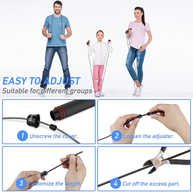 Blukar Corde à Sauter, Speed Jump Rope Réglable pour Hommes & Femmes , Roulements à Billes en Acier, Poignées Antidérapantes en Mousse, Câble en Acier pour Fitness, Crossfit, Sport, Boxe, GYM