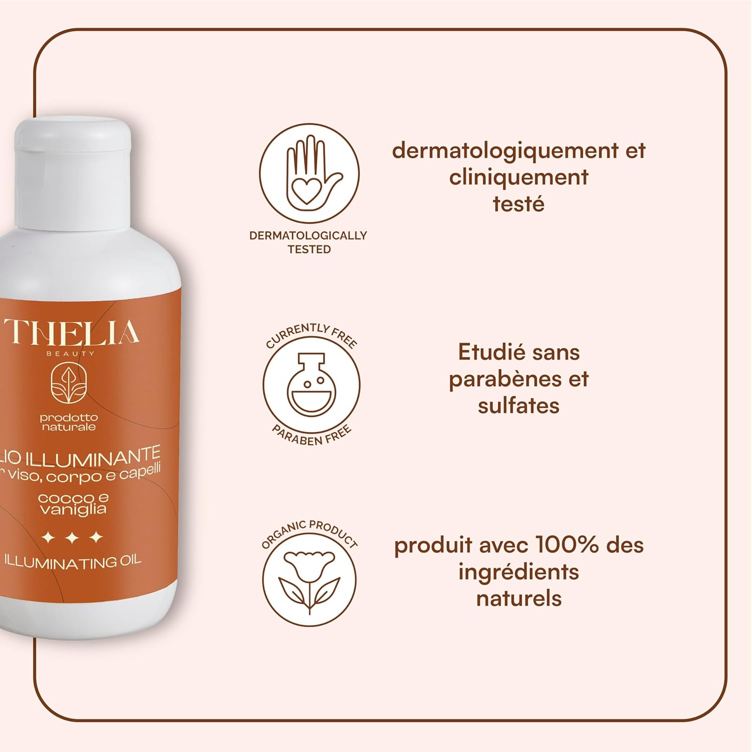 Thélia Beauty | Huile Illuminatrice pour le Visage, le Corps et les Cheveux, Noix de Coco et Vanille, Produit Naturel sans Parabènes, Testé Dermatologiquement, Made in Italy, 100 ml