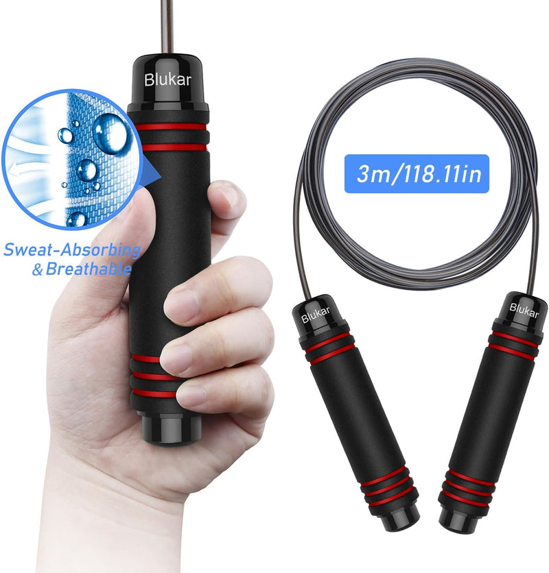 Blukar Corde à Sauter, Speed Jump Rope Réglable pour Hommes & Femmes , Roulements à Billes en Acier, Poignées Antidérapantes en Mousse, Câble en Acier pour Fitness, Crossfit, Sport, Boxe, GYM