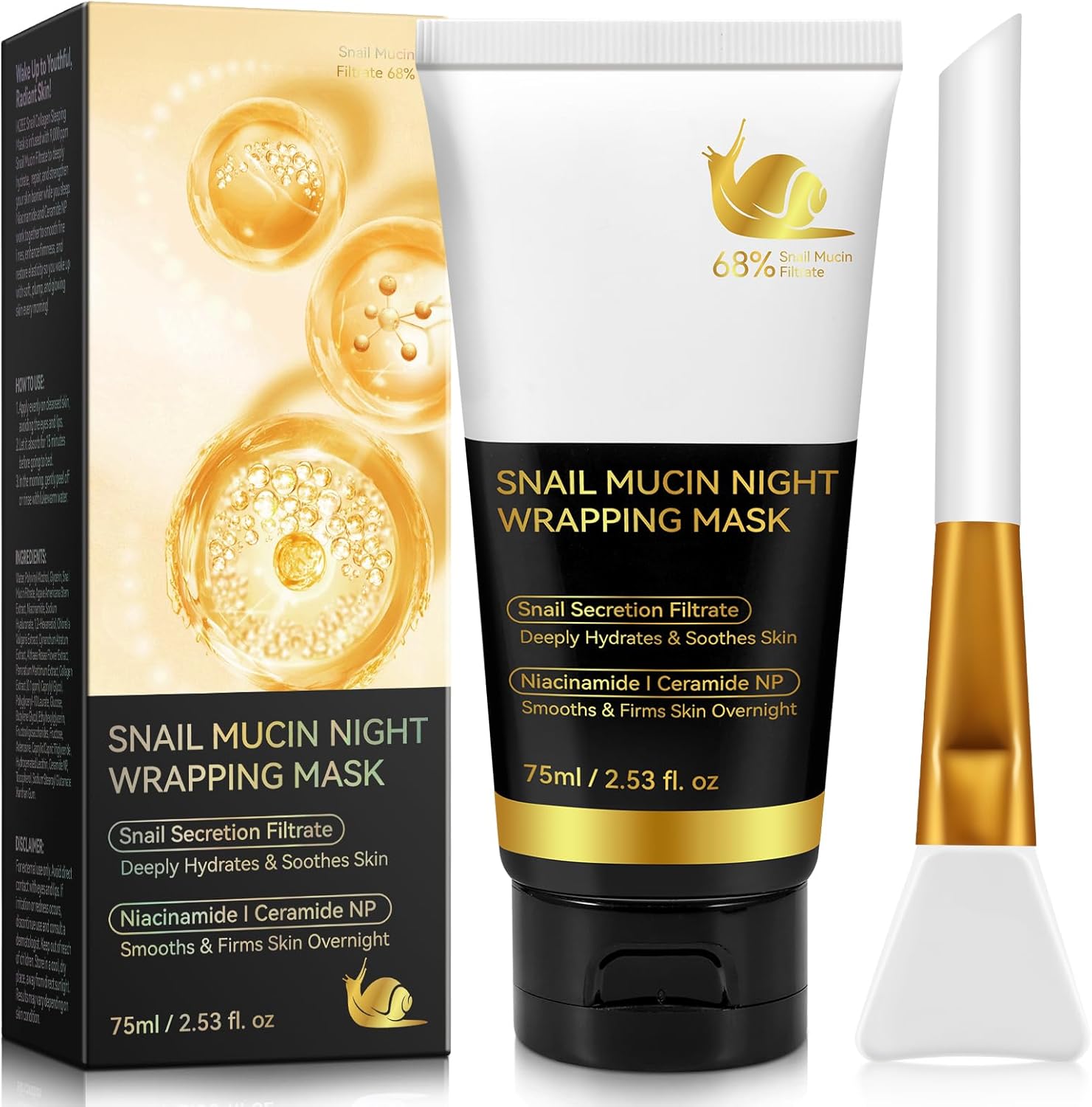 Masque de nuit à la bave d'escargot au collagène pour le visage - Masque de collagène bio - Masque exfoliant pour la peau - Masque facial efficace en profondeur - Pinceau de soin coréen inclus