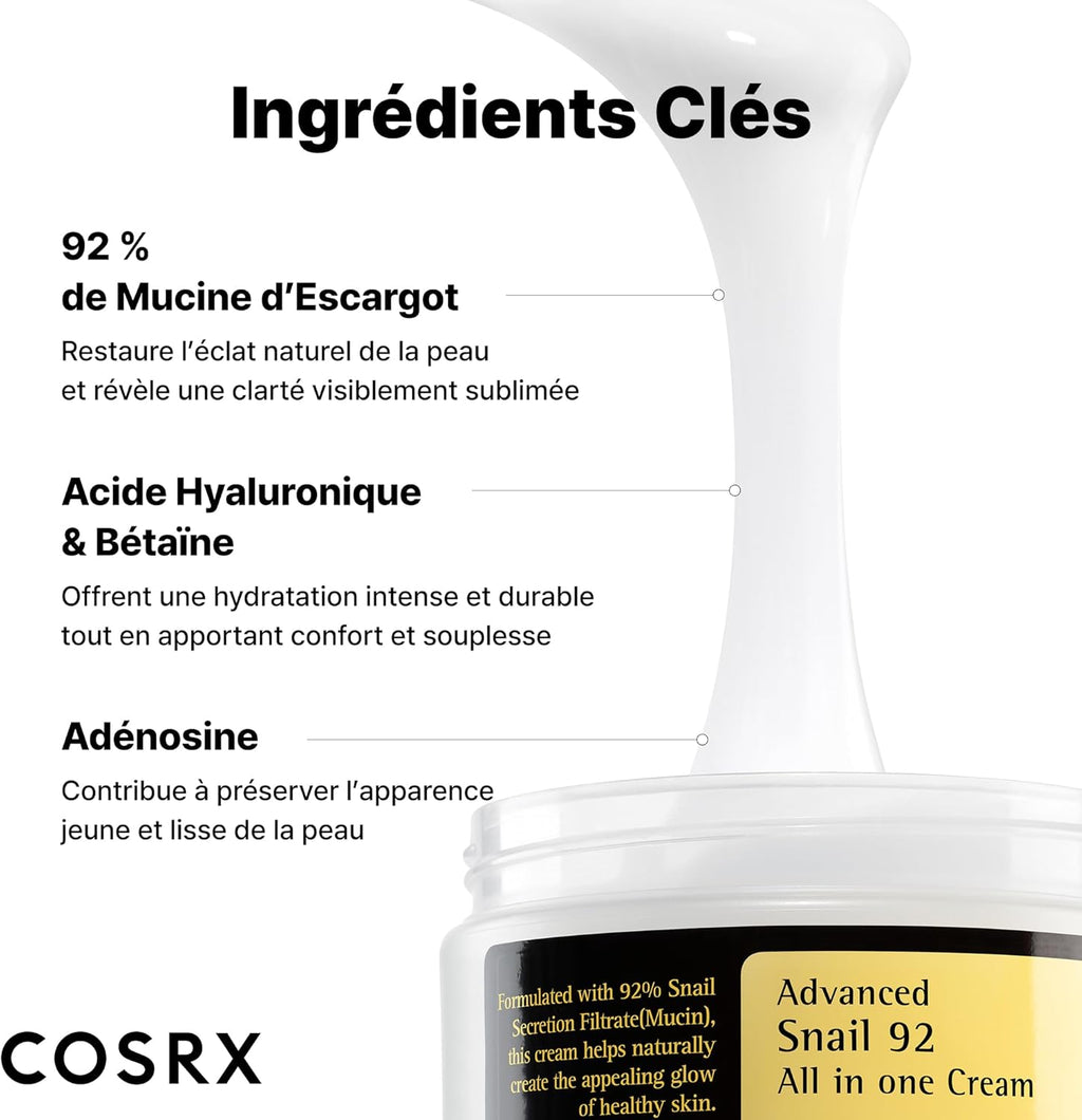 COSRX Advanced Snail 92% All In One Cream 100 ml | Crème Hydratante avec Bave d'Escargot | Pour Anti Rides Peaux d'Acné et Peau Sèche Soins pour le Visage de Jour Femme | Coréen Korean Skincare