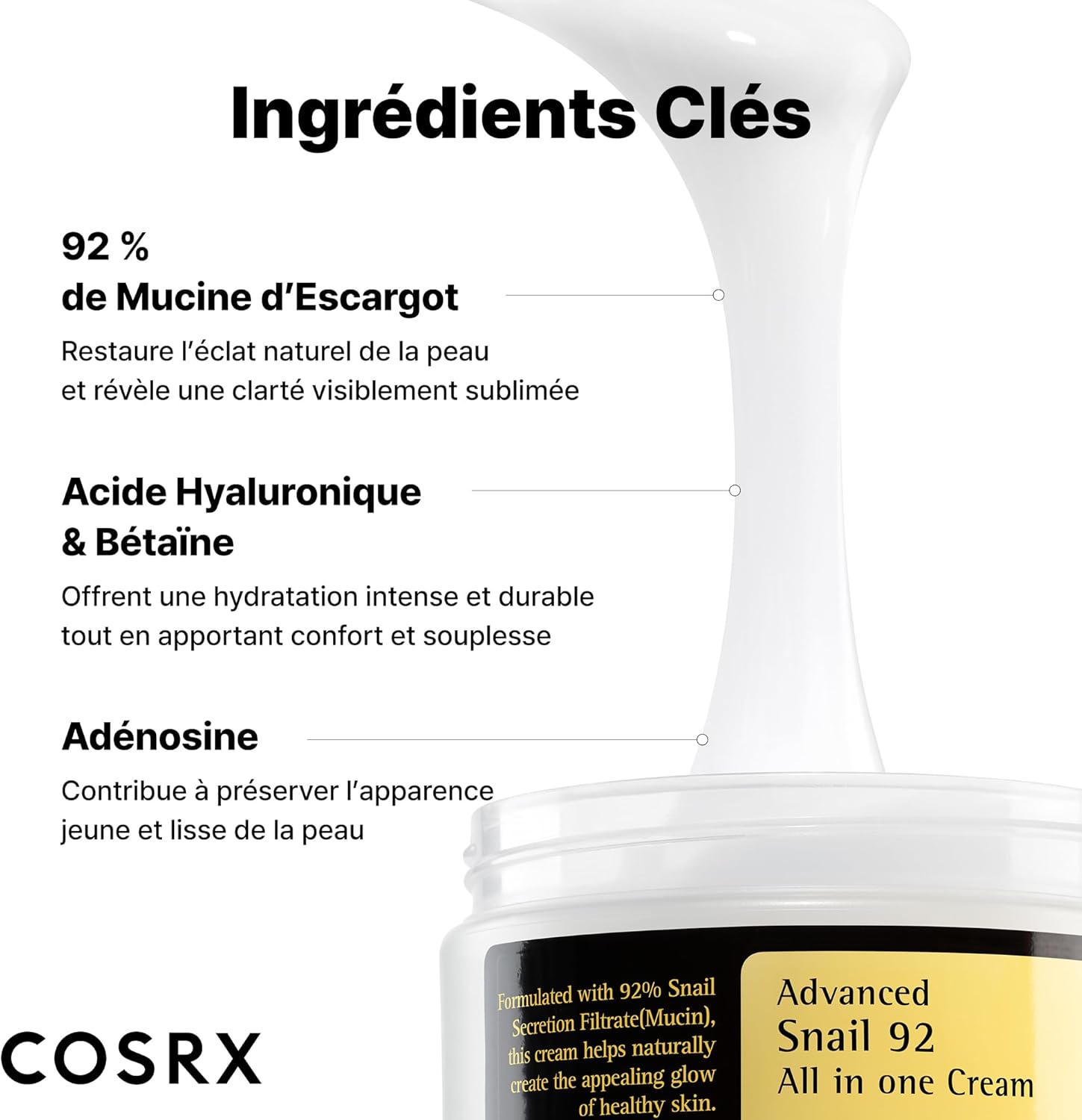 COSRX Advanced Snail 92% All In One Cream 100 ml | Crème Hydratante avec Bave d'Escargot | Pour Anti Rides Peaux d'Acné et Peau Sèche Soins pour le Visage de Jour Femme | Coréen Korean Skincare