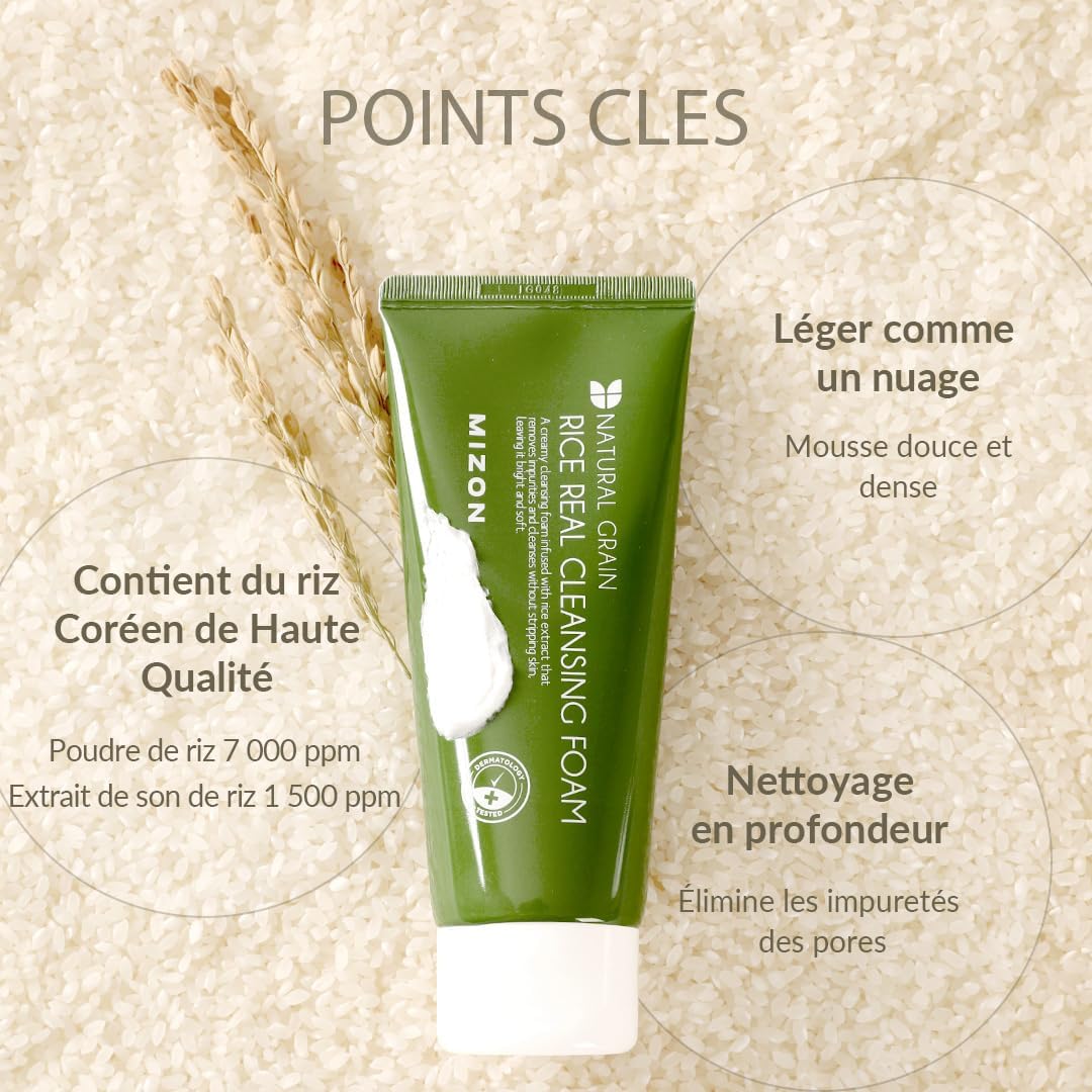[MIZON] RICE REAL CLEANSING FOAM (150ML) Soin Coréen - Nettoyant Visage Exfoliant Doux à l'Extrait de Riz - Éclat, Nettoyage des Pores et Amélioration du Teint - Peaux Grasses et Mixtes