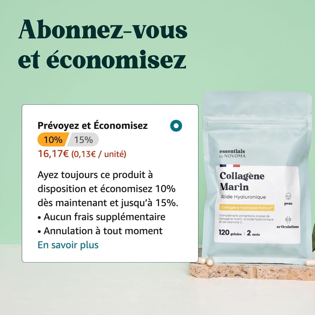 Collagène Marin + Acide Hyaluronique, Peau Hydratée et Articulations Fortes, Cure de 2 mois, 120 Gélules, Collagene Hydrolysé Type 1 Naticol®, Avec Vitamine C, Fabriqué en France, by Novoma