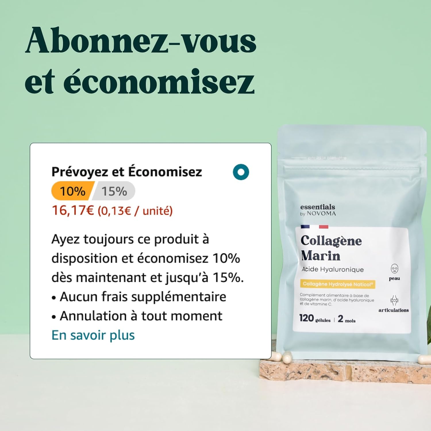 Collagène Marin + Acide Hyaluronique, Peau Hydratée et Articulations Fortes, Cure de 2 mois, 120 Gélules, Collagene Hydrolysé Type 1 Naticol®, Avec Vitamine C, Fabriqué en France, by Novoma