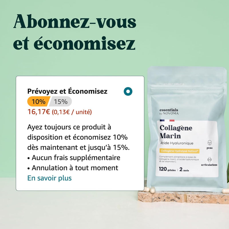 Collagène Marin + Acide Hyaluronique, Peau Hydratée et Articulations Fortes, Cure de 2 mois, 120 Gélules, Collagene Hydrolysé Type 1 Naticol®, Avec Vitamine C, Fabriqué en France, by Novoma