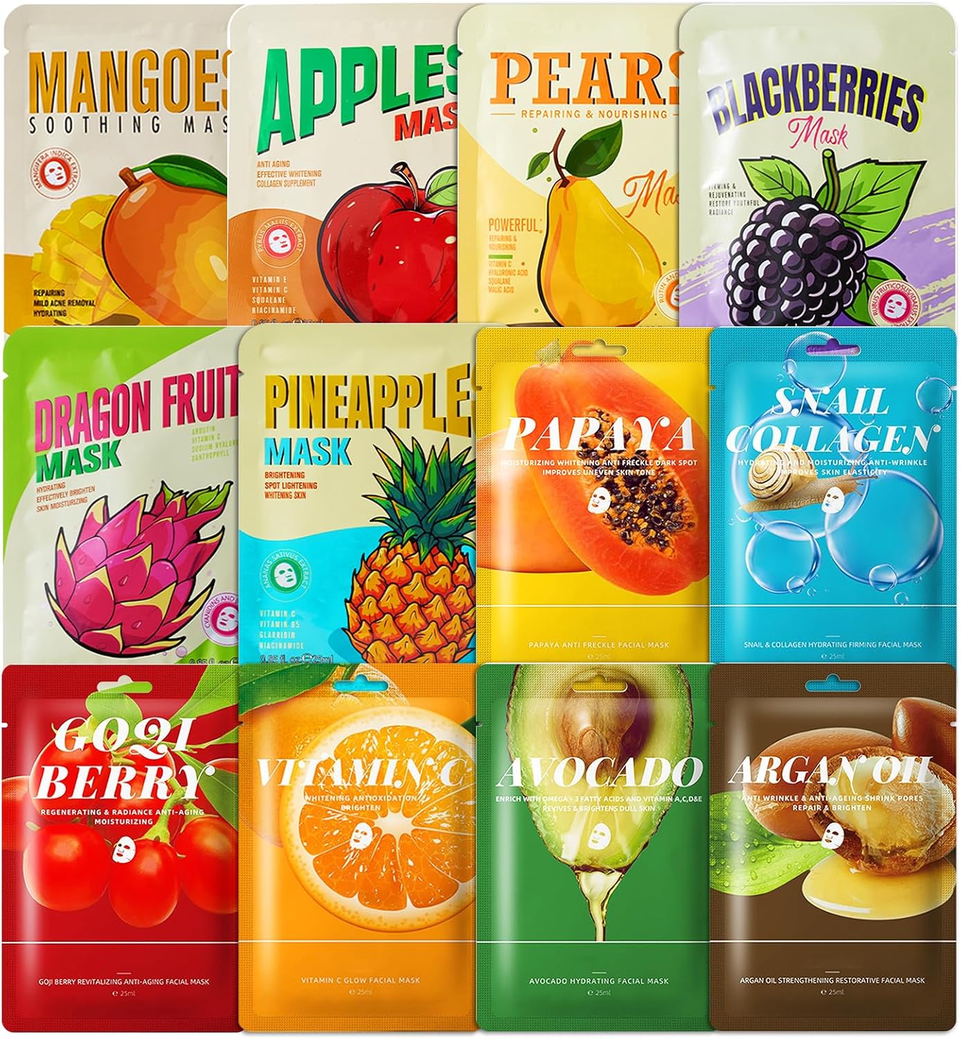 12 Masques en Feuille, Soin Coréen pour le Visage avec Ingrédients Naturels, Masque de Beauté Daily Care, Hydratation et Nourrissants pour Tous les Types de Peau, 25ML