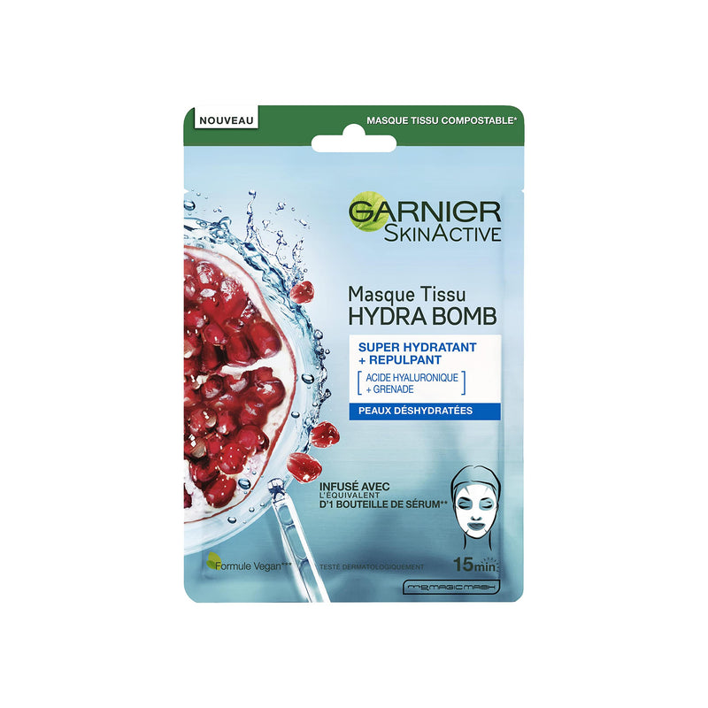 GARNIER Skin Active - Coffret Masques Tissu Hydra Bomb - Hydratant & Repulpant - À Base De Grenade & Acide Hyaluronique - Vegan & Cruelty Free - Tissu Compostable - Peaux Déshydratées - x5